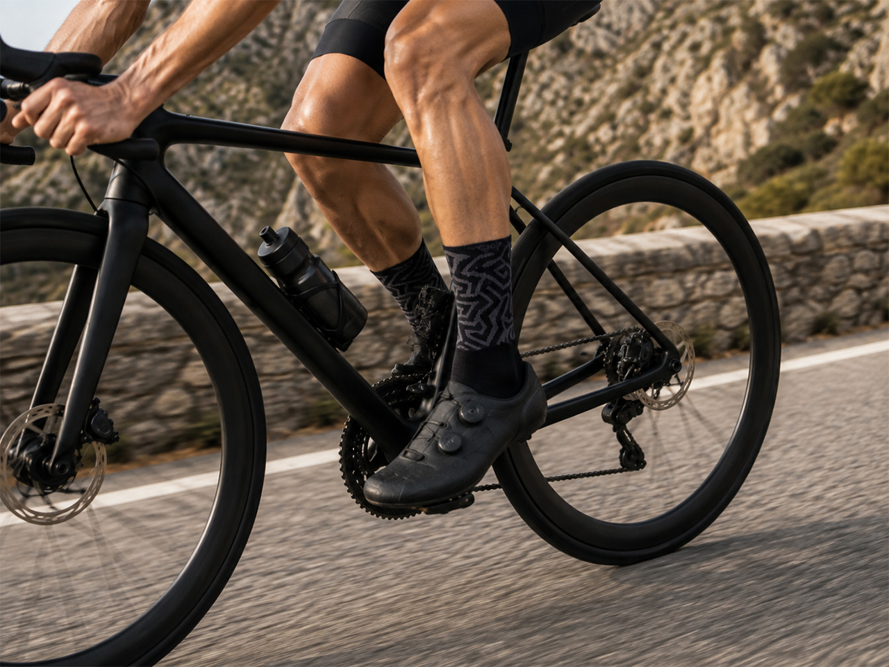 Silniční cyklista v pohybu s výraznými sportovními ponožkami